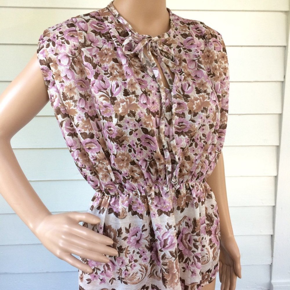 70s Vintage Sheer Print Summer Blouse Pink M